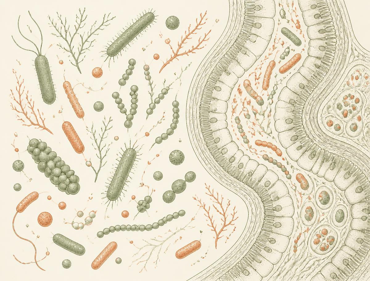 Illustration à l'encre de bactéries intestinales et de la paroi de l'intestin, dans les tons sauge et terre cuite
